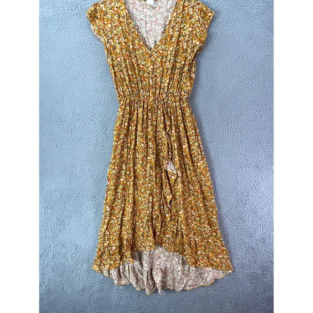 Far East Brokers Floral High Low Dress Womens Small Yellow V-Neck Cap Sleeve Exc
